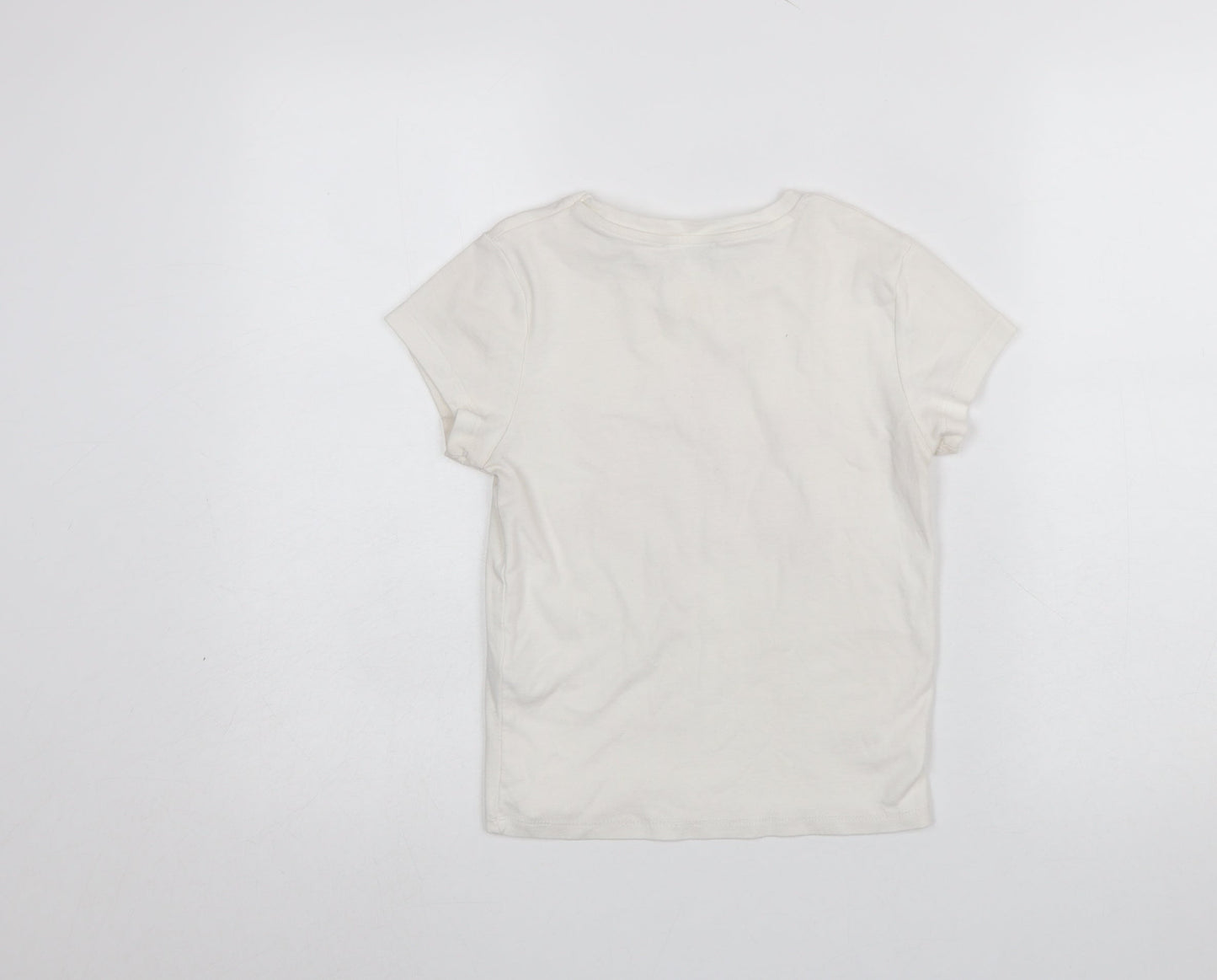 Stradivarius Women Ivory Floral Cotton Short Sleeve T-Shirt Size 8