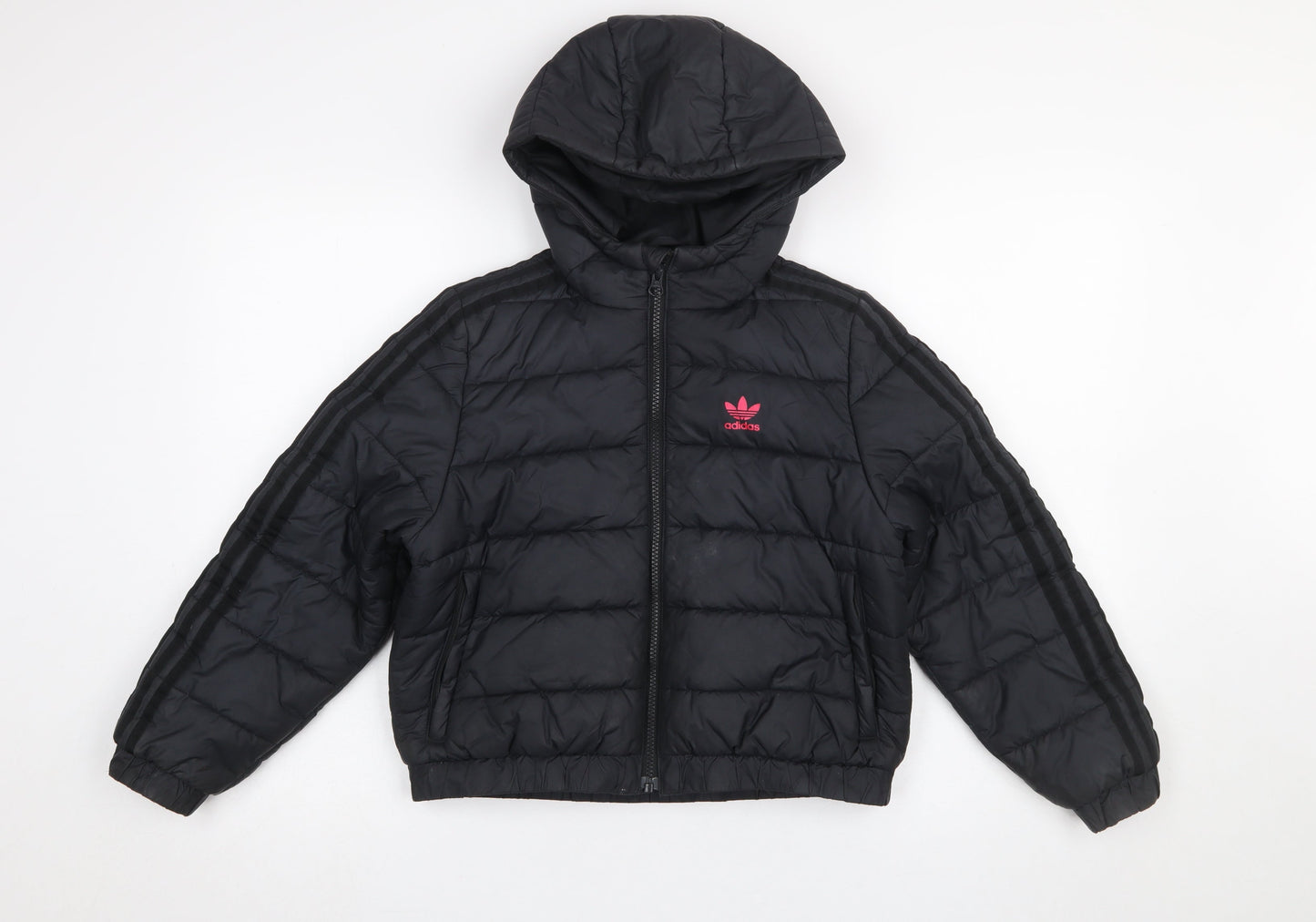 Adidas Girls Black Hooded Puffer Jacket 9-10 Years Quilted Full Zip