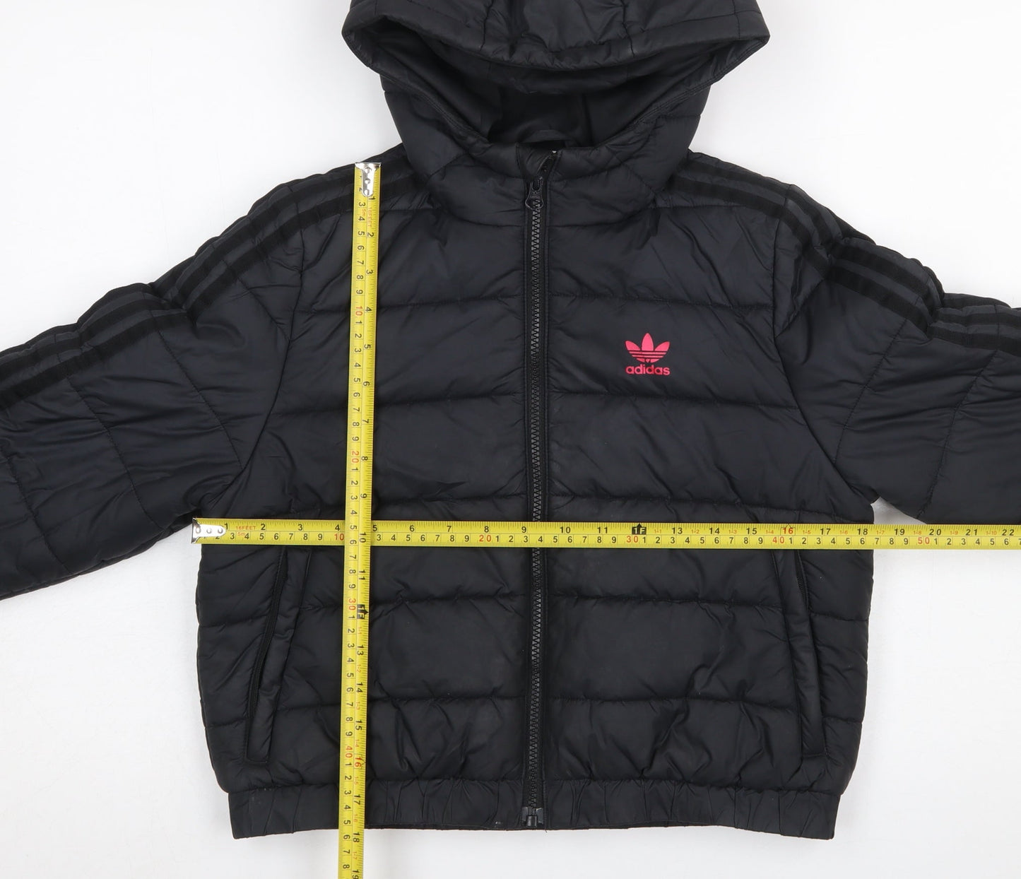Adidas Girls Black Hooded Puffer Jacket 9-10 Years Quilted Full Zip