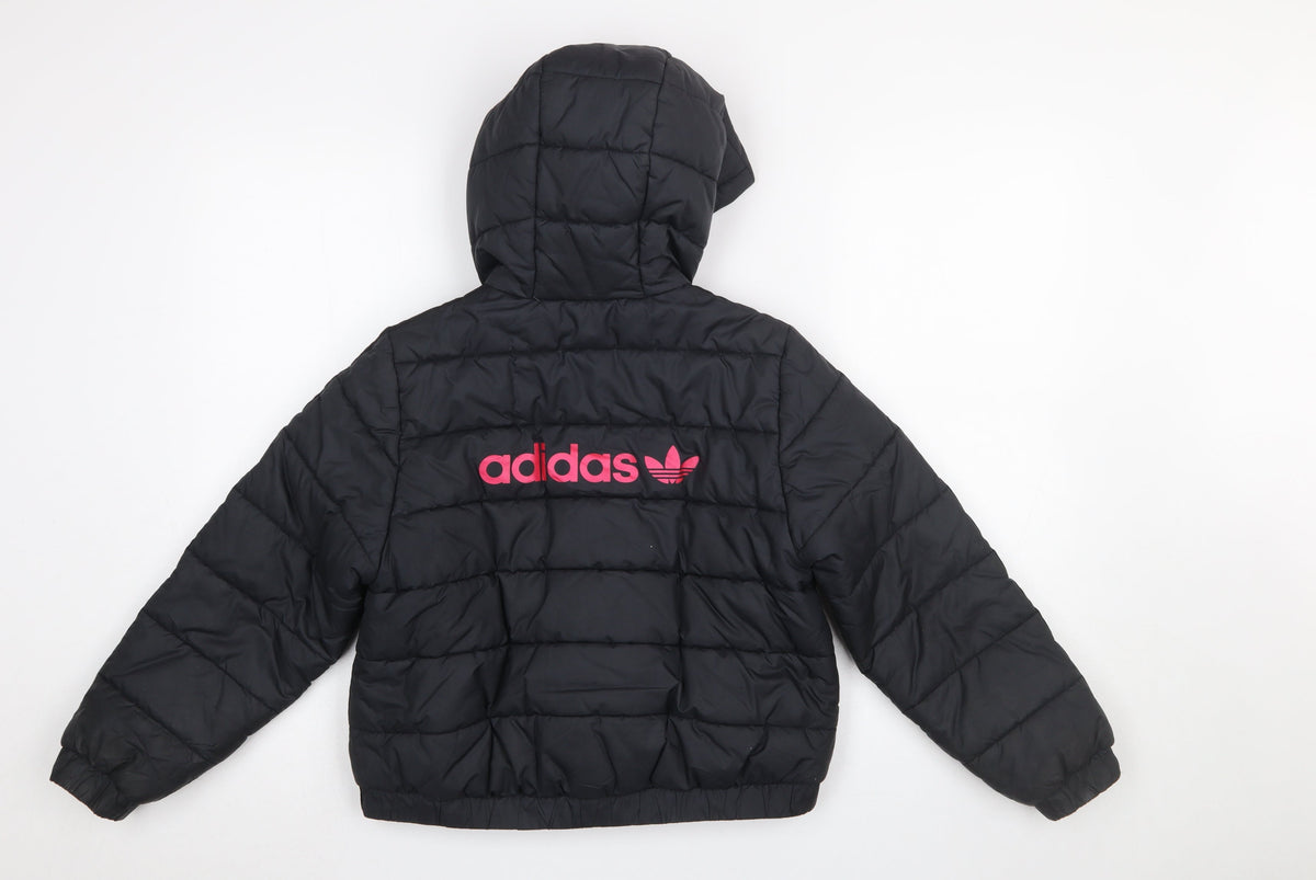 Adidas Girls Black Hooded Puffer Jacket 9-10 Years Quilted Full Zip