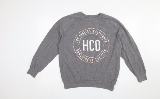 Hollister Women Grey Small Crew Neck Pullover Sweatshirt HCO Print