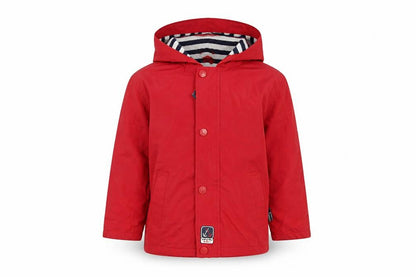 Front view of Sable & Mer boys’ red hooded waterproof rain coat 3 years