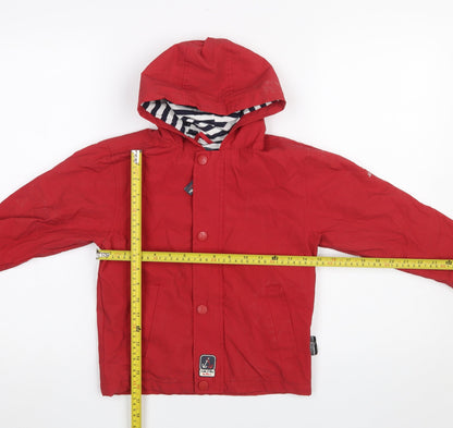 Back view of Sable & Mer boys’ red hooded waterproof rain coat 3 years