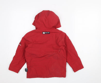 Close-up detail of Sable & Mer boys’ red hooded waterproof rain coat 3 years
