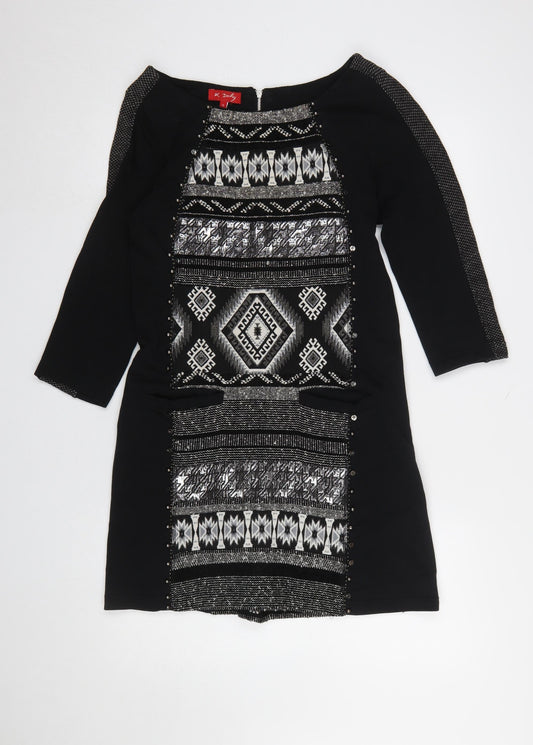 René Derhy Women's Black Geometric Shift Dress Size S 3/4 Sleeve