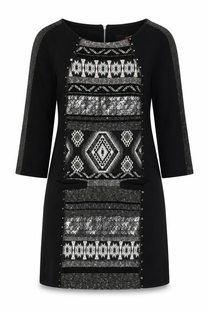 René Derhy Women's Black Geometric Shift Dress Size S 3/4 Sleeve