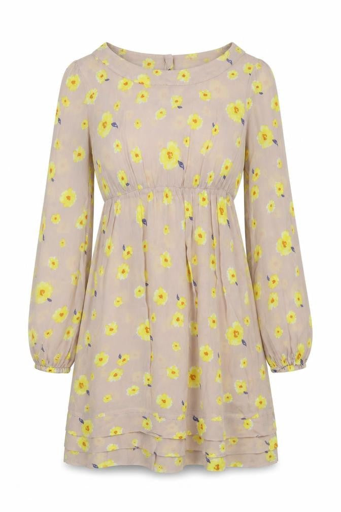 Oasis Women's Beige Yellow Floral Shift Dress Size 10 Long Sleeve