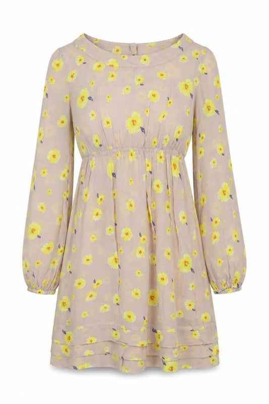 Oasis Women's Beige Yellow Floral Shift Dress Size 10 Long Sleeve