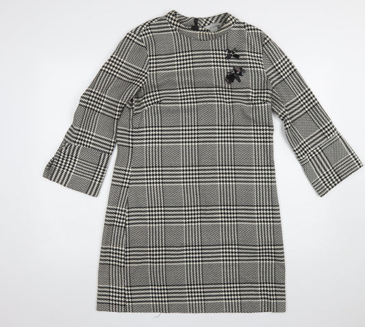 H&M Women Black Check Shift Dress Size 10 3/4 Sleeve Workwear