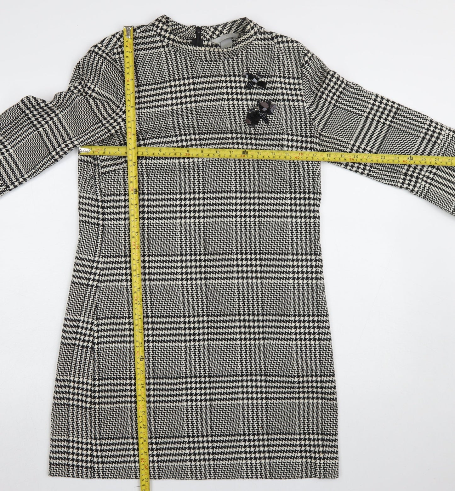 H&M Women Black Check Shift Dress Size 10 3/4 Sleeve Workwear