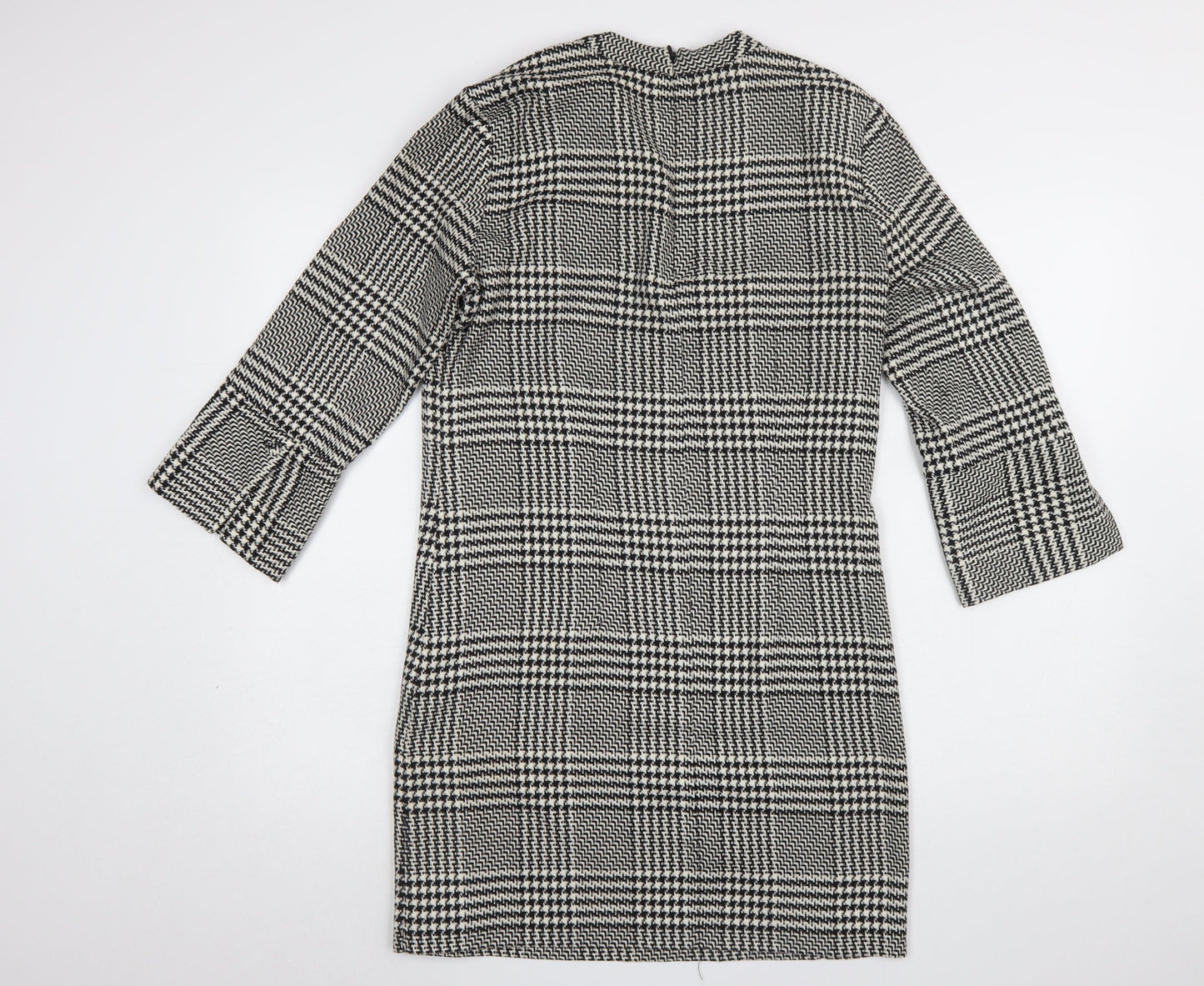 H&M Women Black Check Shift Dress Size 10 3/4 Sleeve Workwear