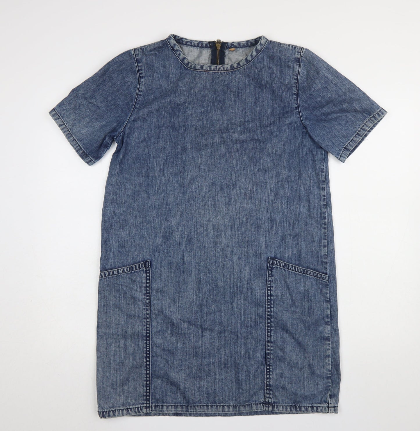 Topshop Women Blue Denim Shift Dress Size 10 Short Sleeve Knee Length
