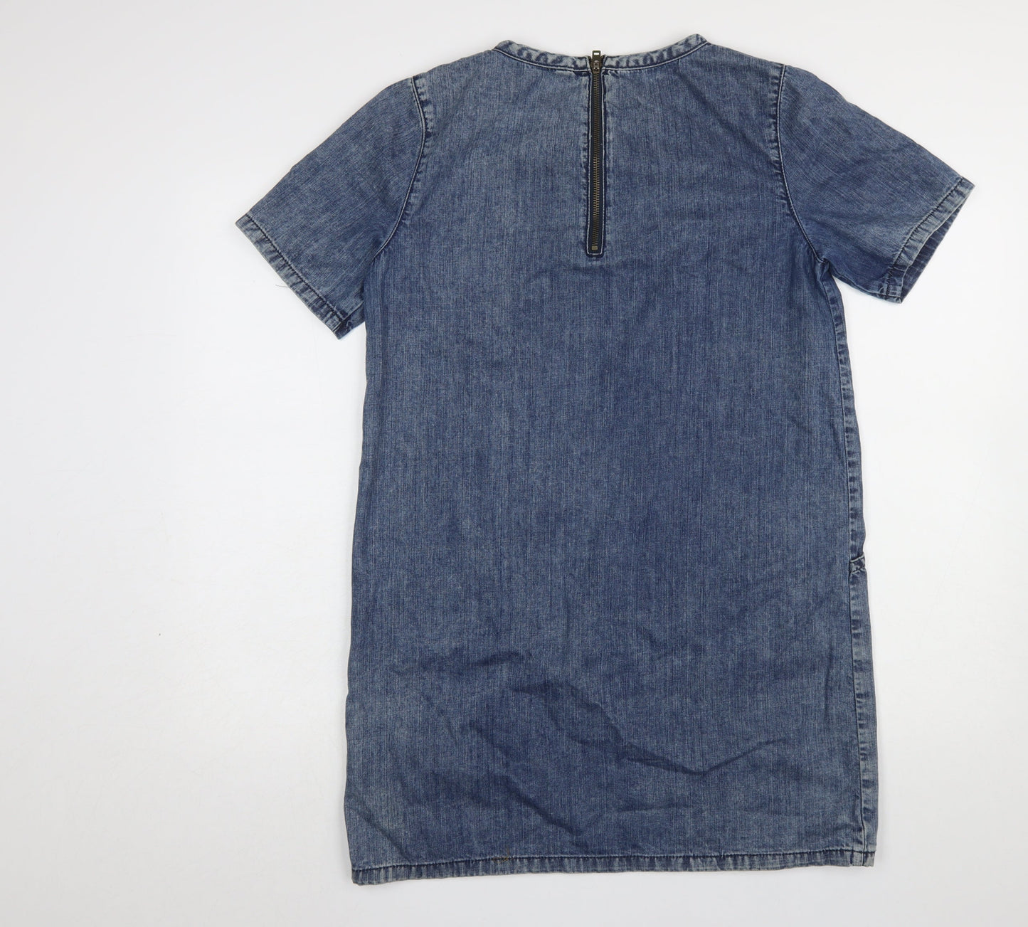 Topshop Women Blue Denim Shift Dress Size 10 Short Sleeve Knee Length