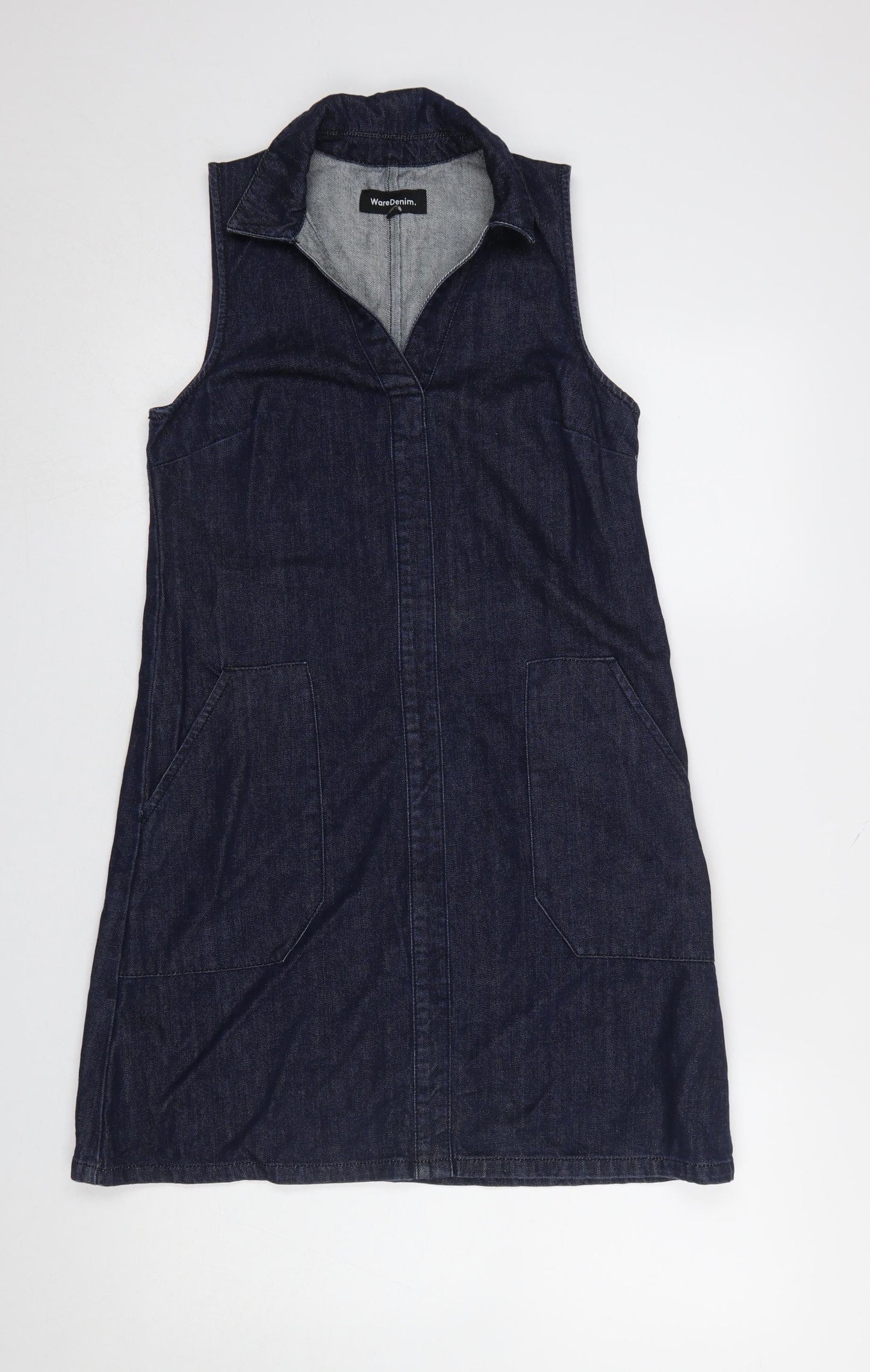 Warehouse Women Blue Denim Shirt Dress UK 8 Sleeveless Collared