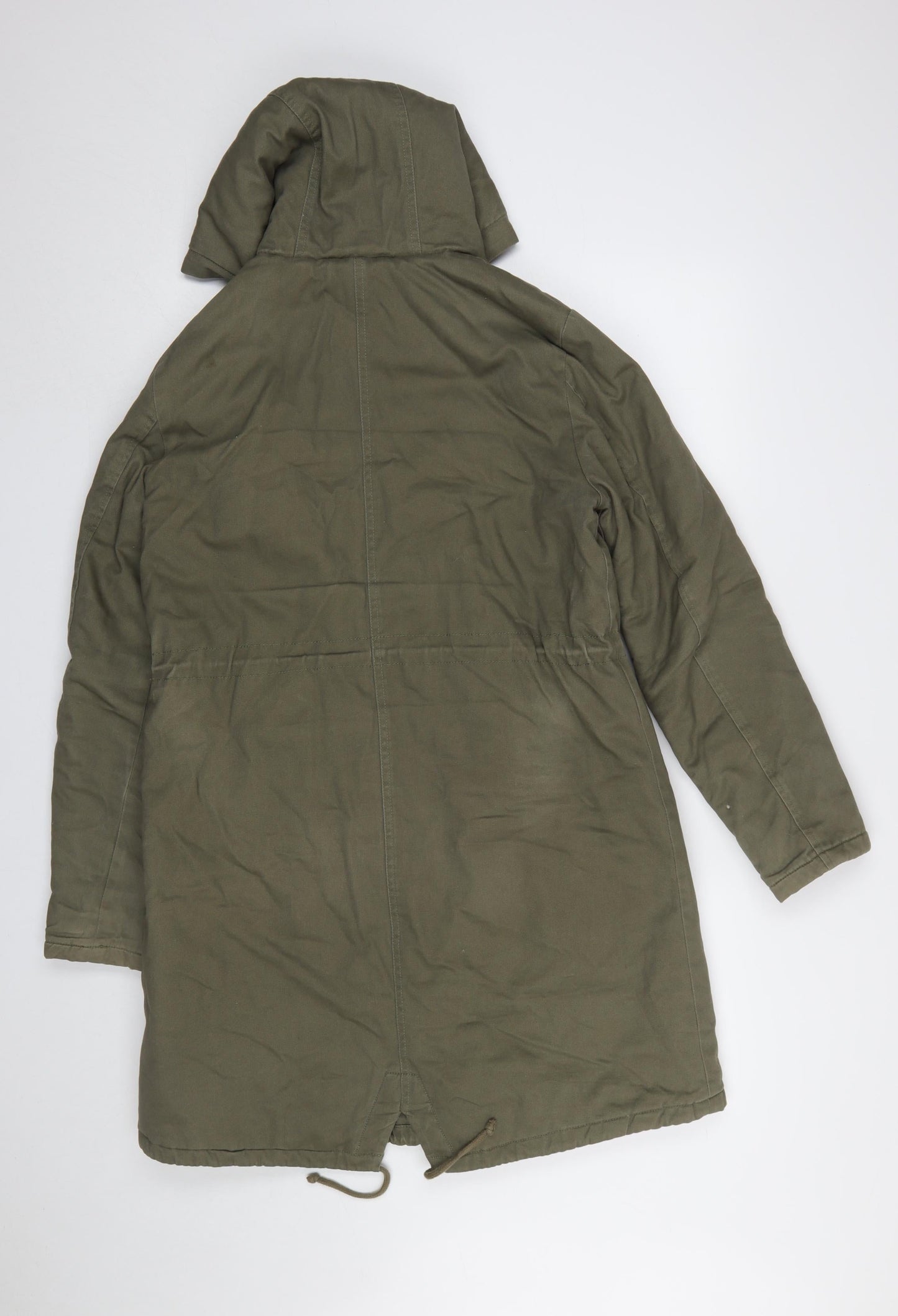 New Look Women’s Green Hooded Parka Coat Size 10 Long Twill Cotton Blend