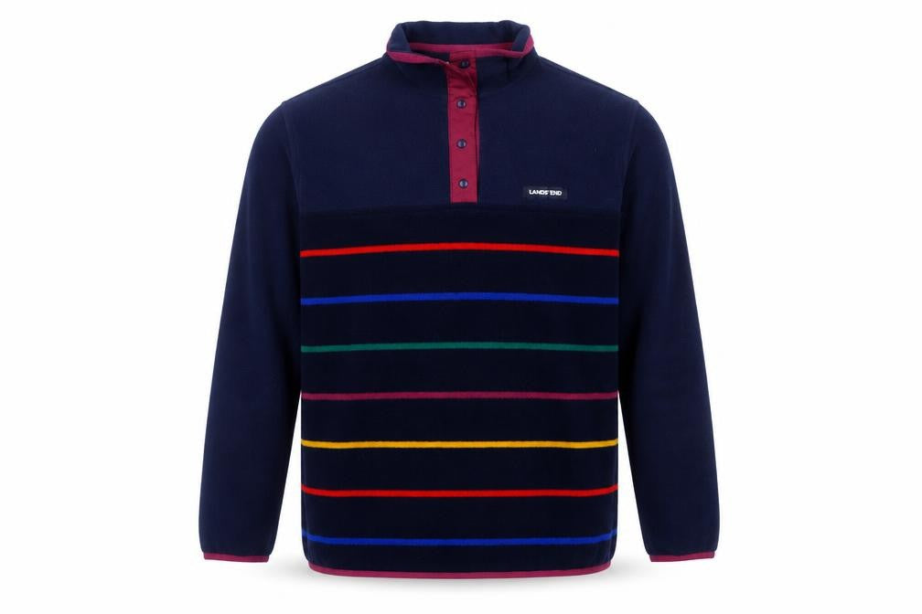 Lands' End Men's Blue Striped Fleece Henley Sweatshirt XL