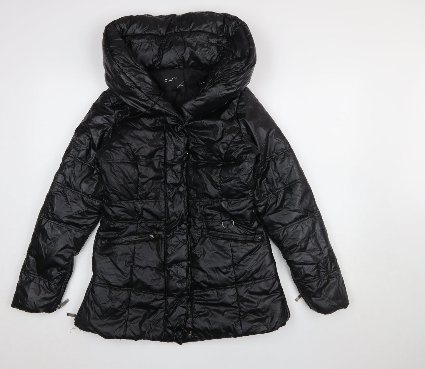 Osley Womens Black Hooded Mid-Length Puffer Jacket Size 10