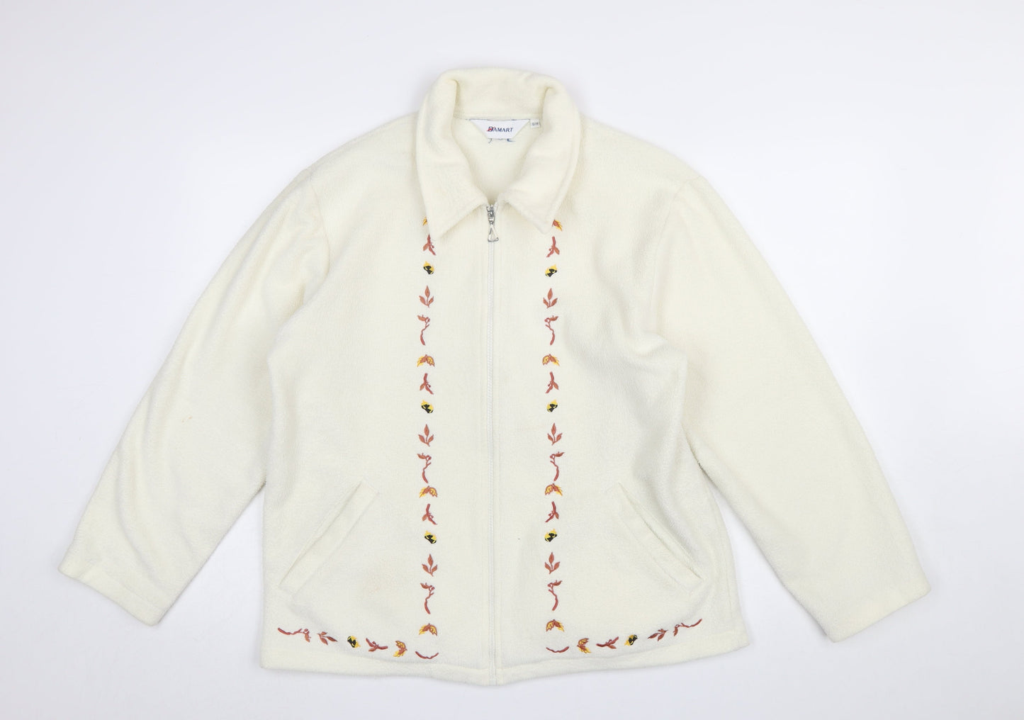 Damart Women’s Ivory Embroidered Fleece Jacket Size 12 Classic Zip Up