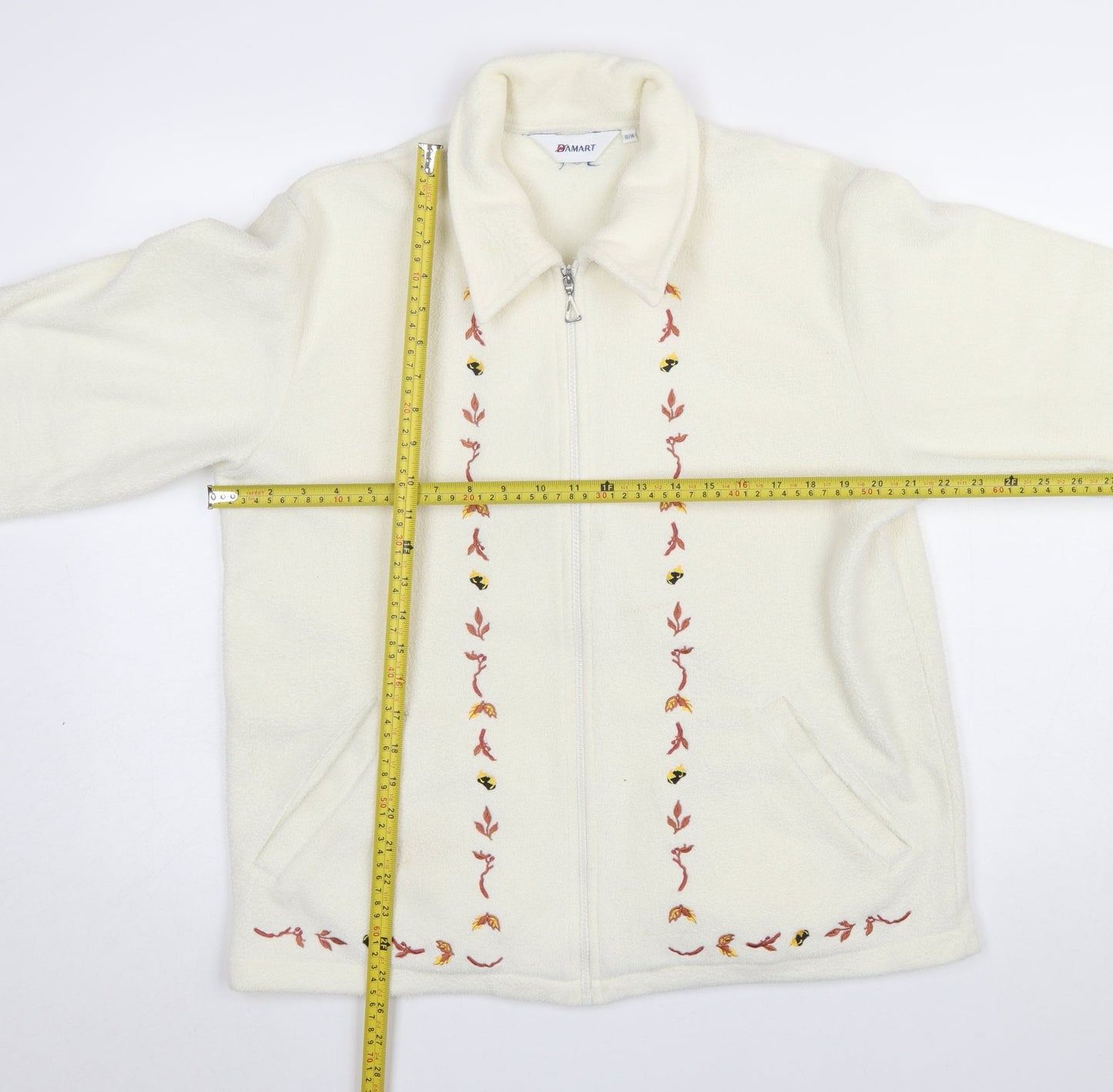 Damart Women’s Ivory Embroidered Fleece Jacket Size 12 Classic Zip Up