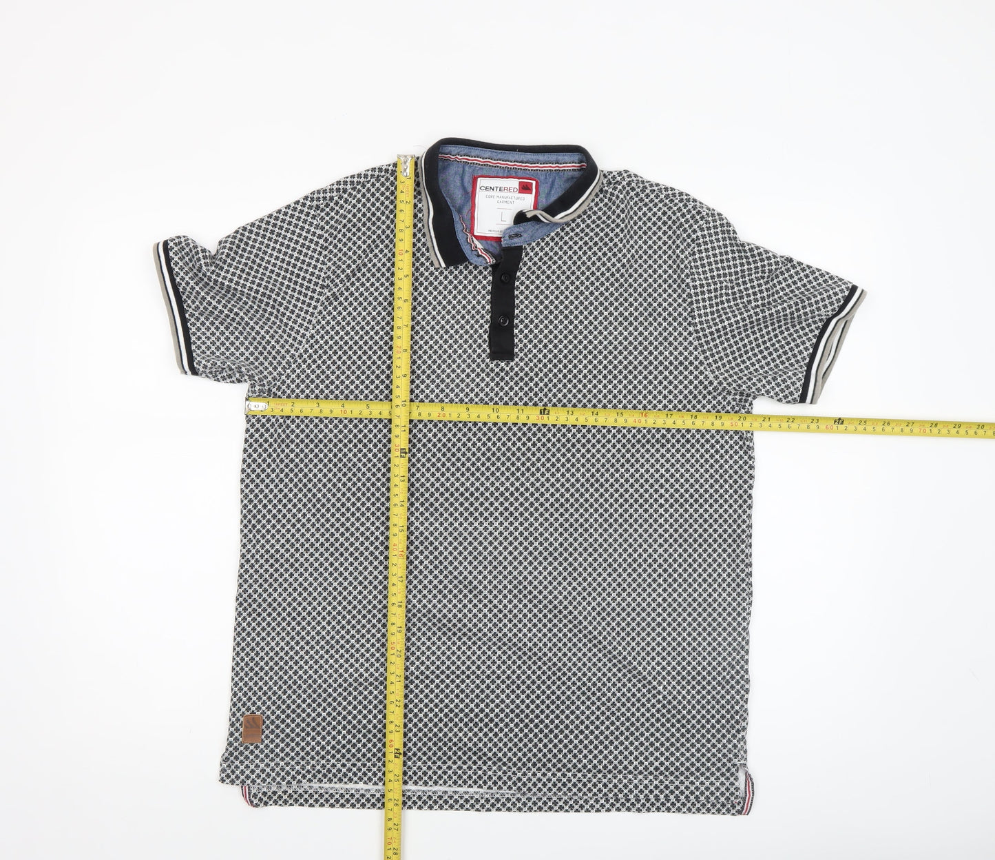 CENTERED Mens Black Geometric Cotton Polo Shirt Size L