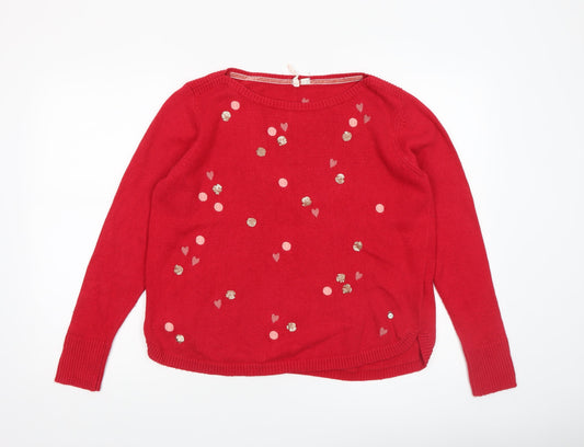 White Stuff Women's Red Sequin Heart Knit Jumper Size 14