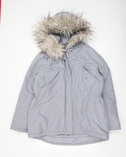 H&M Womens Grey Faux Fur Hooded Parka Jacket Size 8