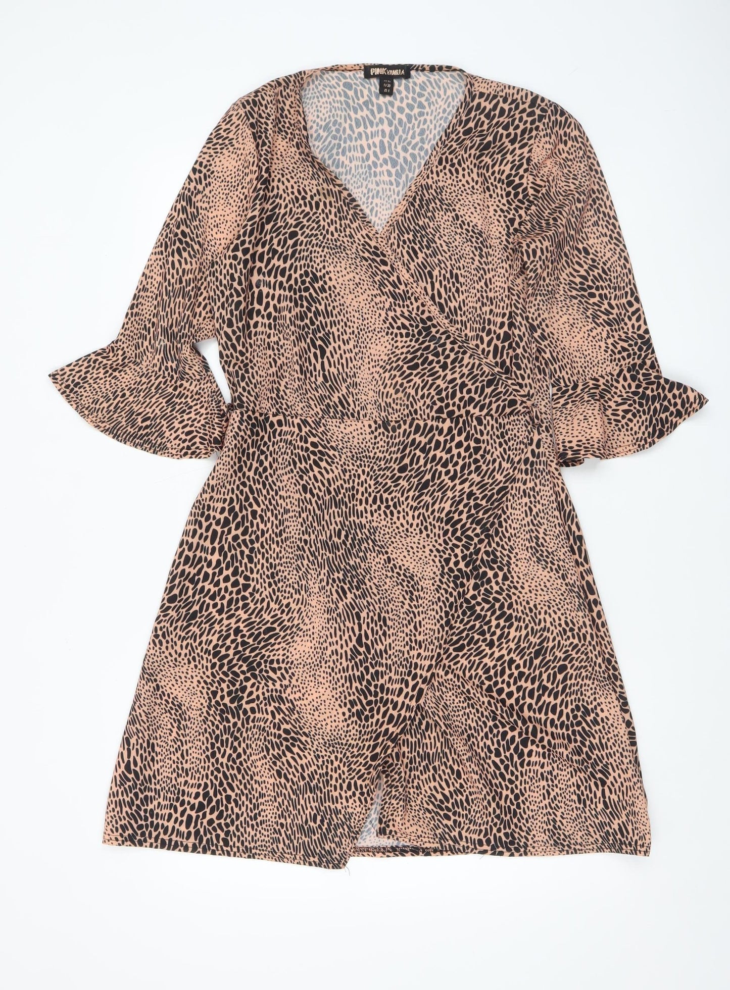Pink Vanilla Women Beige Animal Print Wrap Short Dress Size 10
