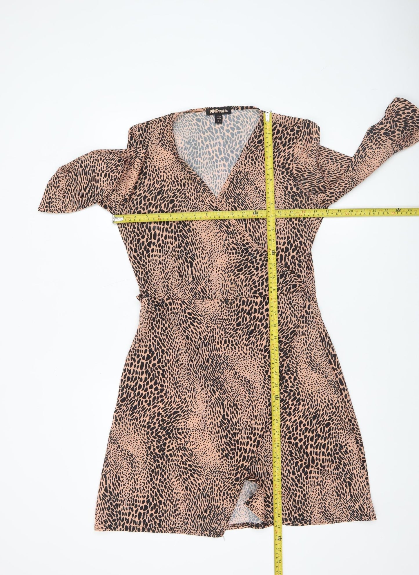 Pink Vanilla Women Beige Animal Print Wrap Short Dress Size 10