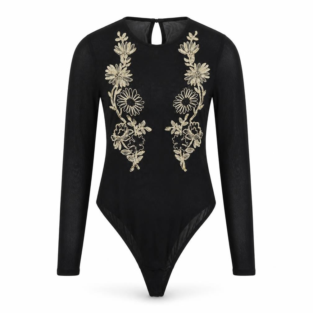 PrettyLittleThing Womens Black Size 8 Embroidered Long Sleeve Bodysuit