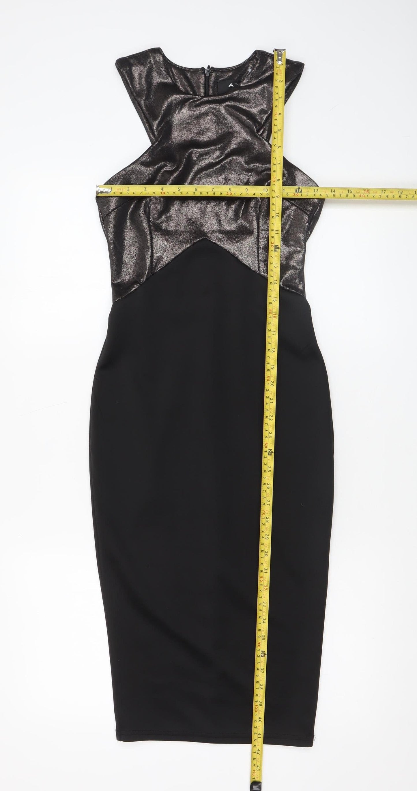 AX Paris Women’s Black Metallic Bodycon Dress Size 8 Sleeveless Knee Length