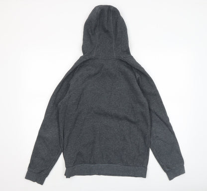 Close-up detail of Adidas boys’ grey pullover hoodie, size 13-14, years lined cotton blend