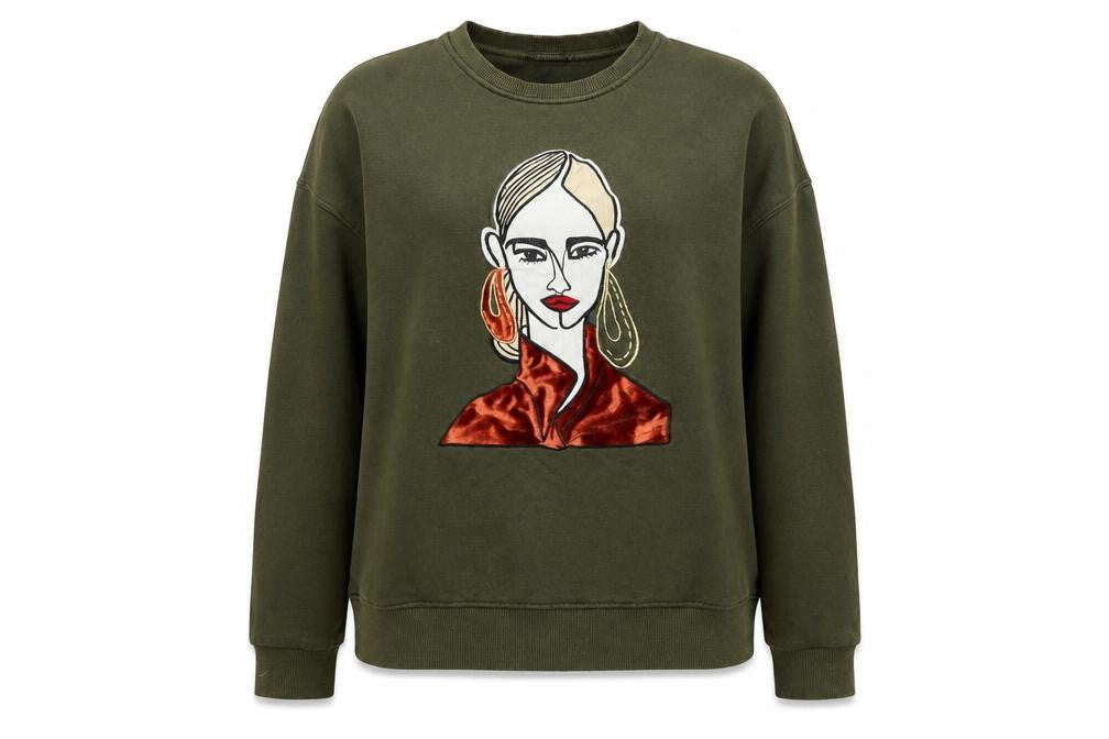 Zara Women Green Graphic Art Sweatshirt Size S Crew Neck Pullover