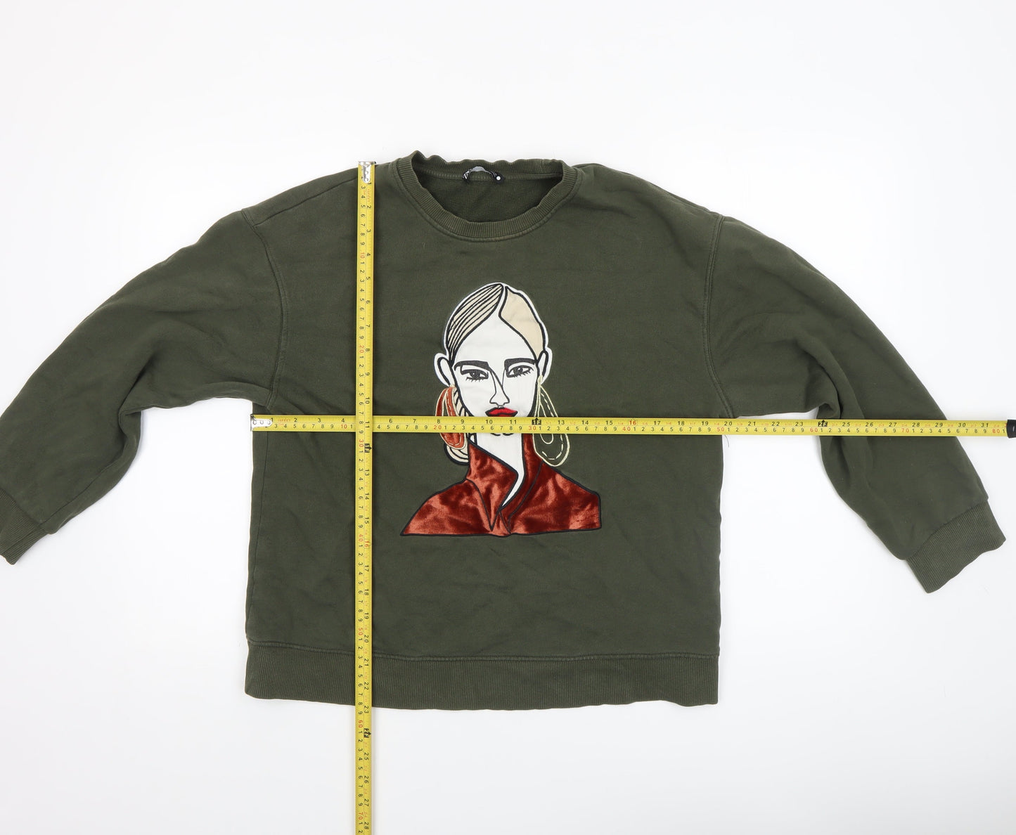 Zara Women Green Graphic Art Sweatshirt Size S Crew Neck Pullover