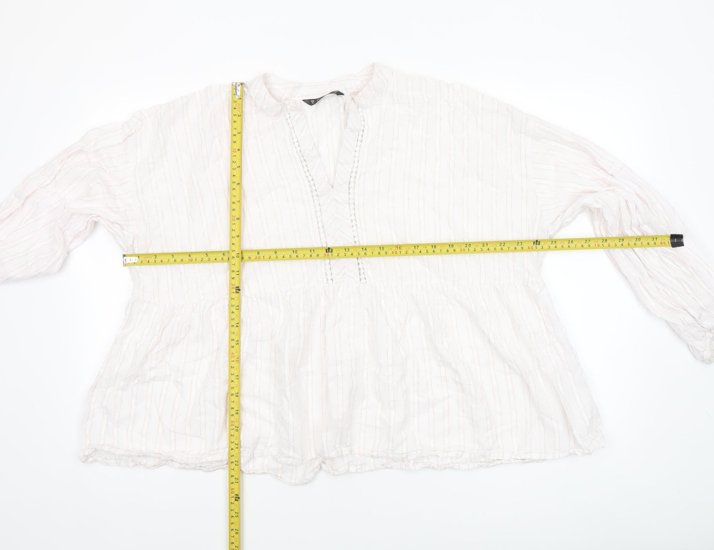 Dunnes Women’s Ivory Striped Cotton Long Sleeve Peasant Blouse XL
