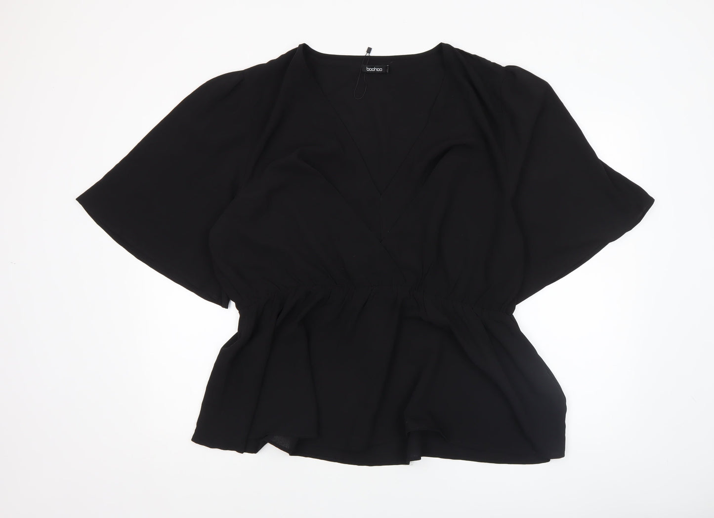 Boohoo Women Black Wrap Chiffon Blouse UK 12 Short Sleeve Top