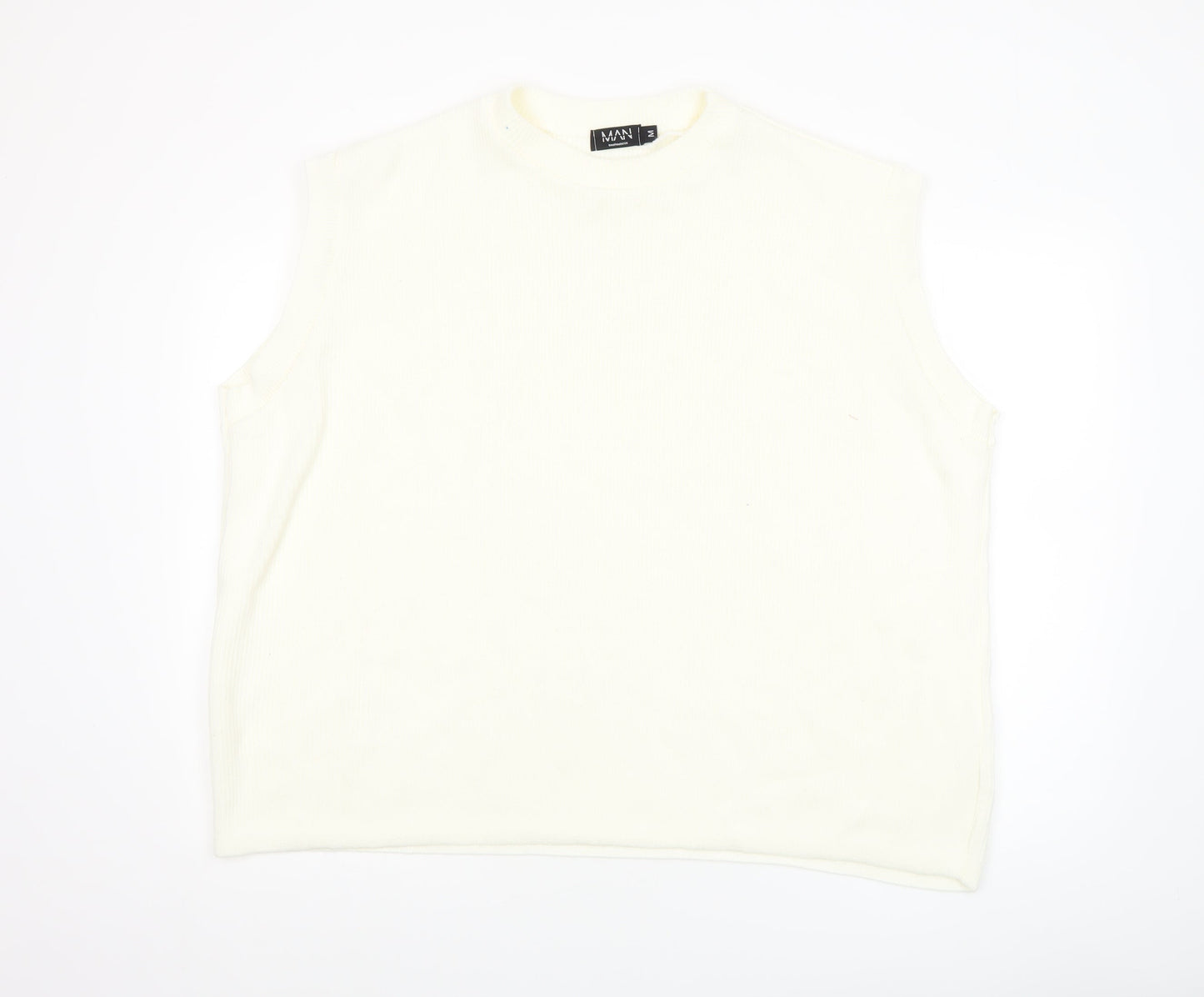 boohooMAN Men's White Sleeveless Knit Vest M Regular Fit