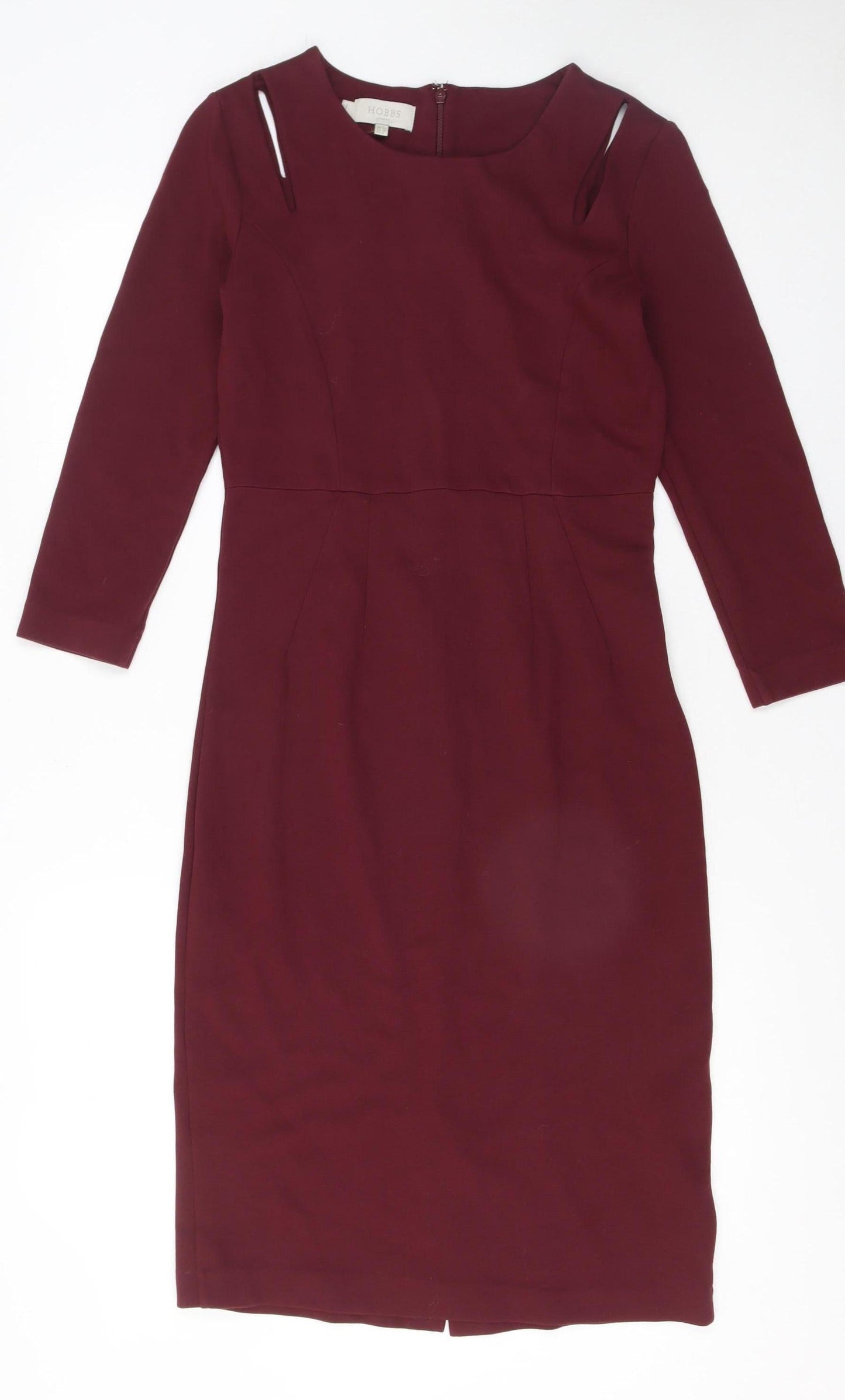 Hobbs Women's Burgundy Pencil Dress UK 8 Long Sleeve Knee Length
