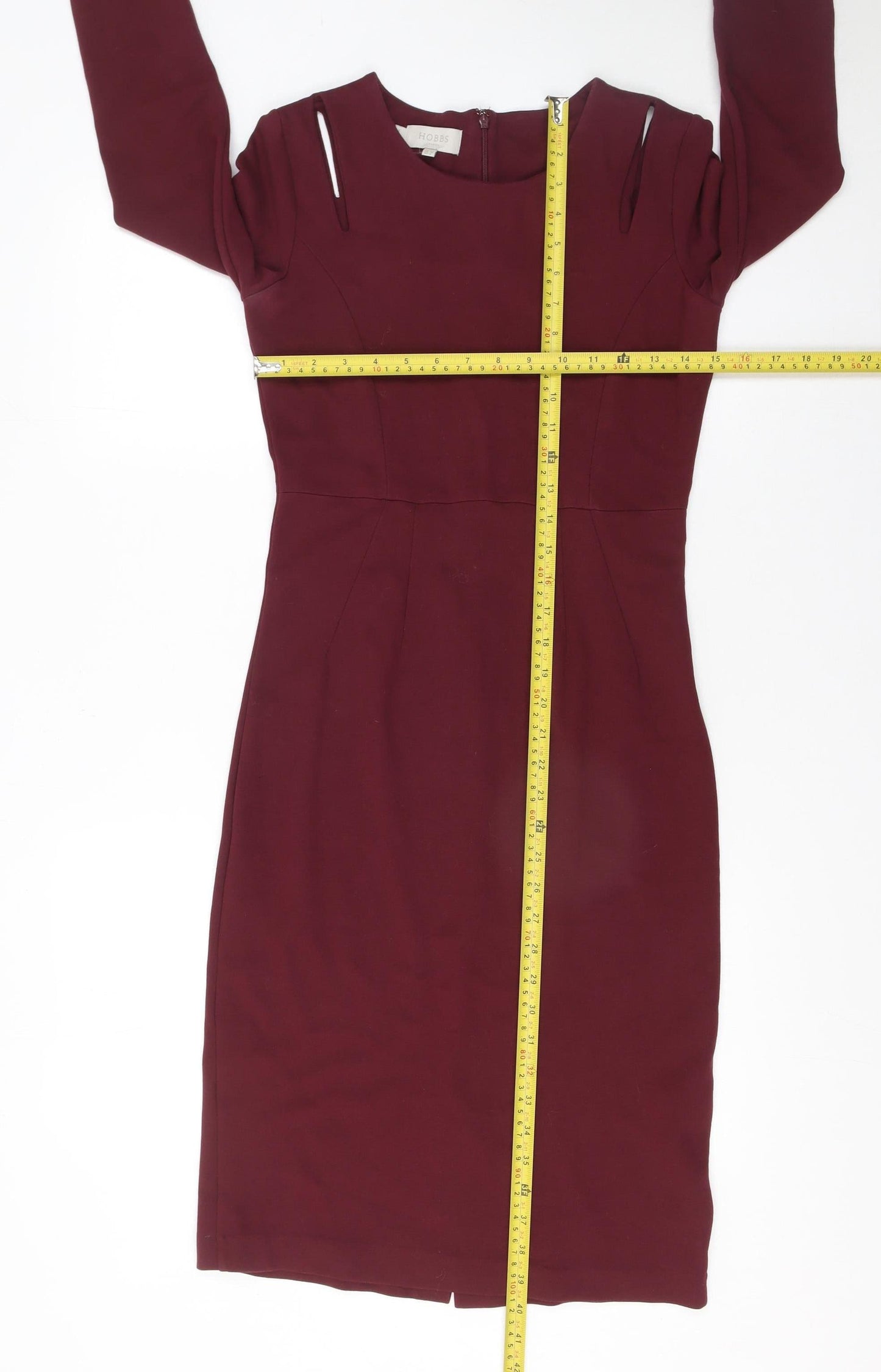 Hobbs Women's Burgundy Pencil Dress UK 8 Long Sleeve Knee Length