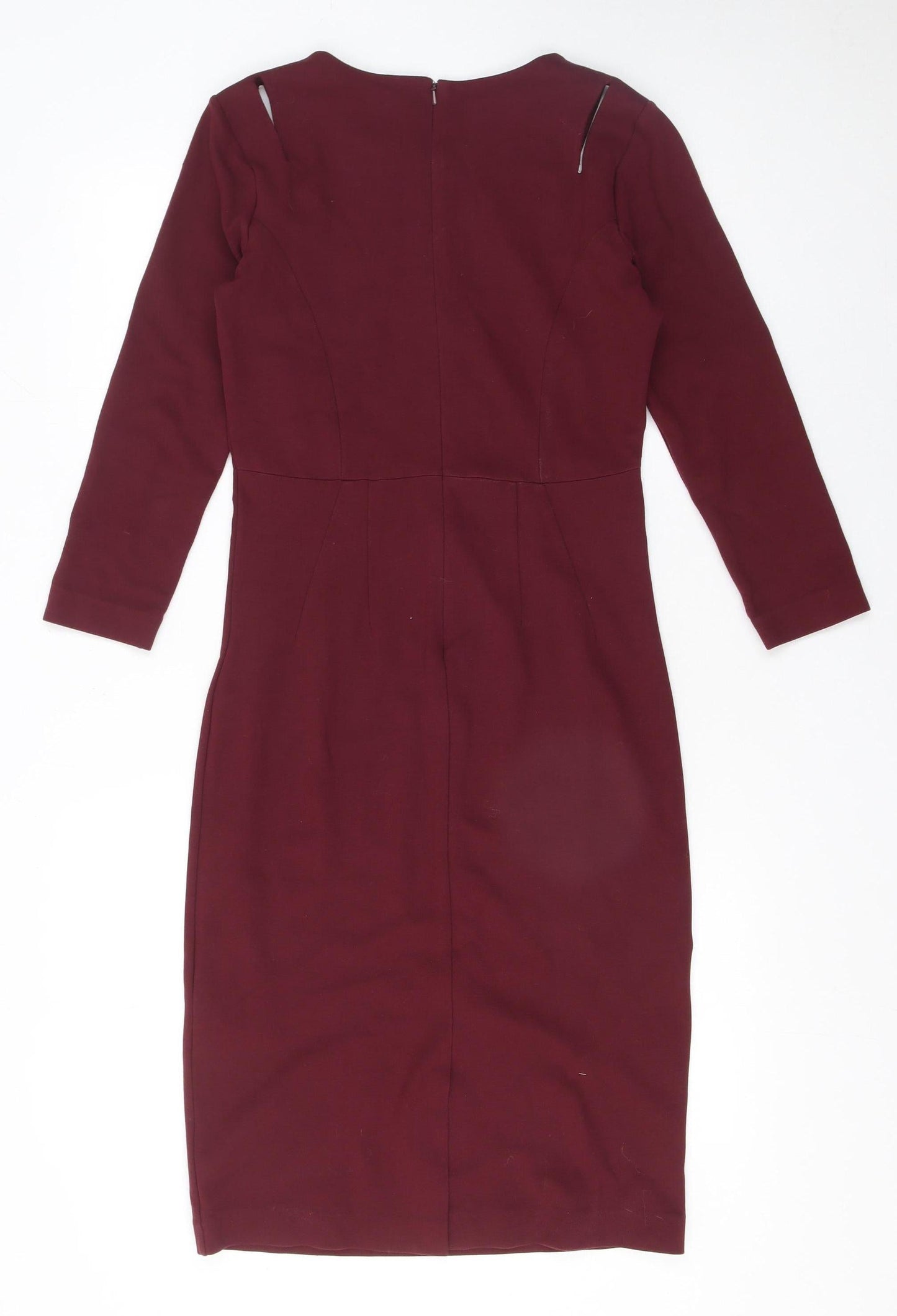 Hobbs Women's Burgundy Pencil Dress UK 8 Long Sleeve Knee Length