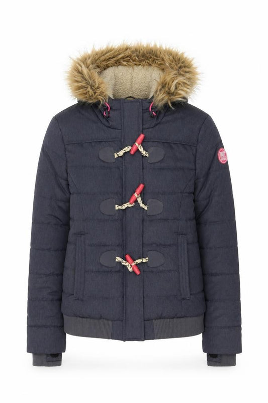 Superdry Sport Womens Navy Hooded Toggle Puffer Jacket L Faux Fur Trim