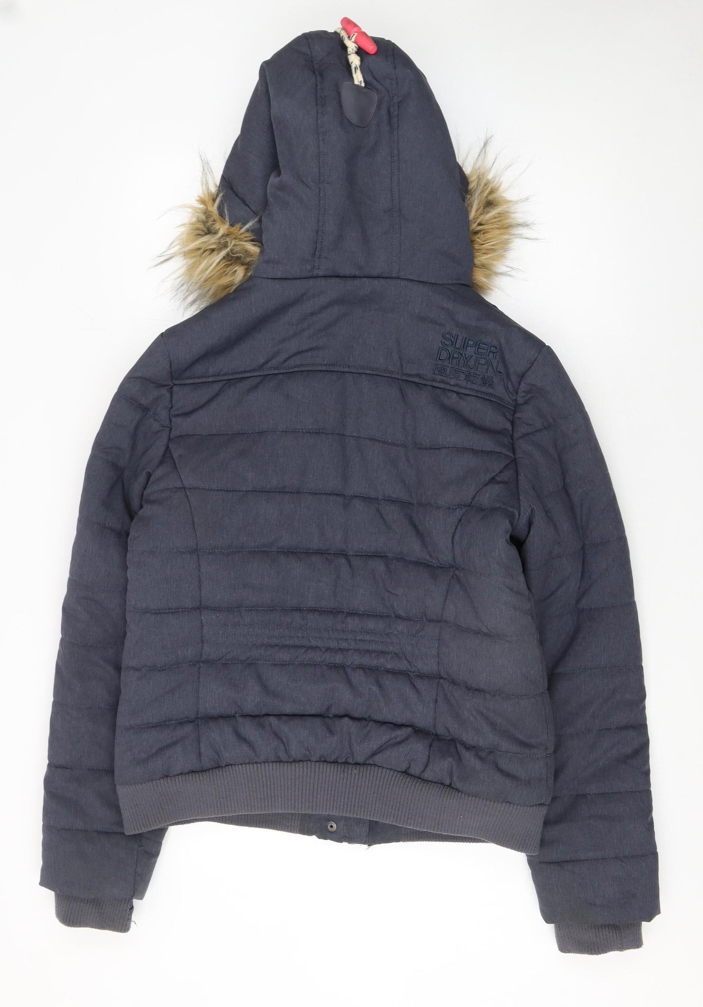 Superdry Sport Womens Navy Hooded Toggle Puffer Jacket L Faux Fur Trim