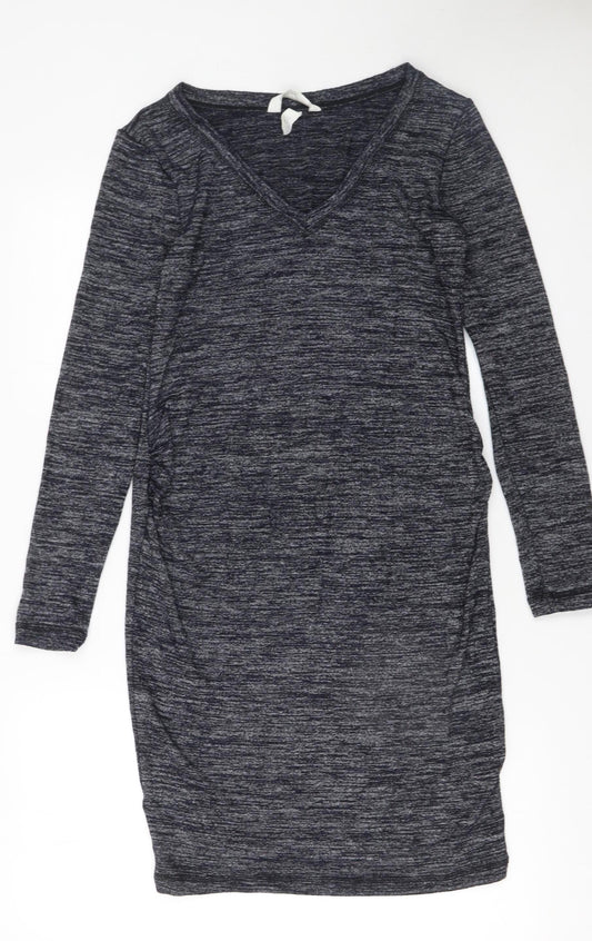 H&M Women Grey Bodycon Knit V-Neck Long Sleeve Dress Size 12