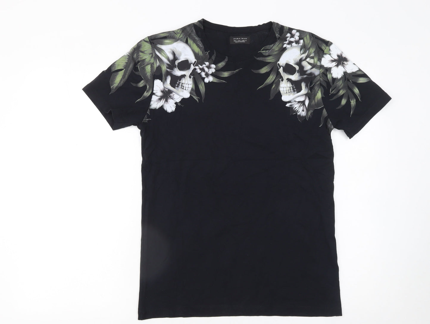 Zara Man Black Skull Floral Graphic Cotton T-Shirt Men's Size S