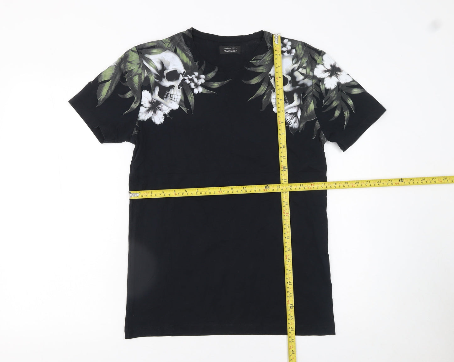 Zara Man Black Skull Floral Graphic Cotton T-Shirt Men's Size S
