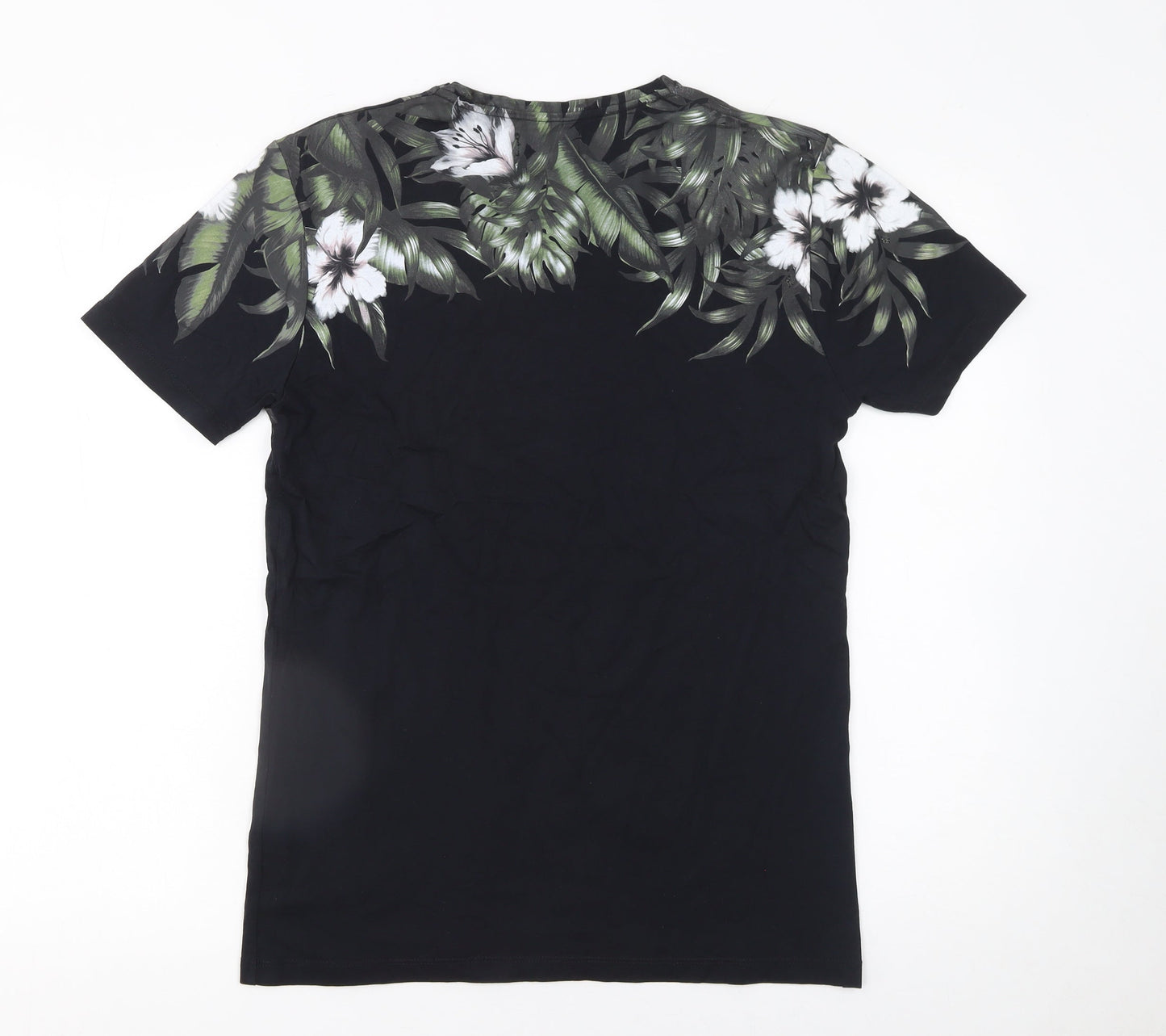 Zara Man Black Skull Floral Graphic Cotton T-Shirt Men's Size S