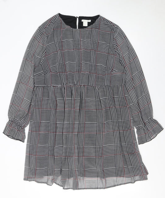 H&M Mama Women Grey Check Knee Length Long Sleeve Shift Dress Size 16