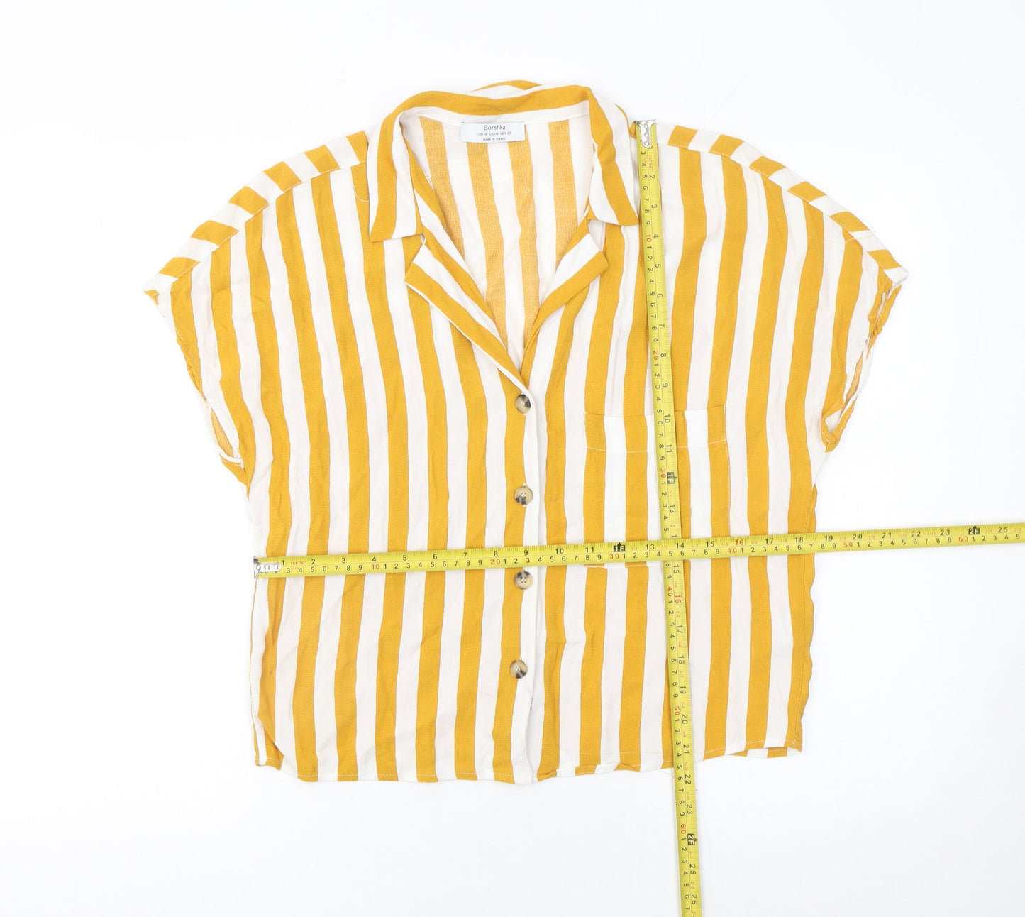 Bershka Women Yellow Striped Short Sleeve Button-Up Shirt M