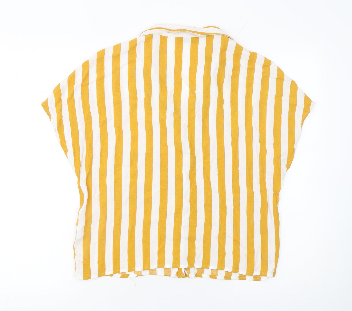 Bershka Women Yellow Striped Short Sleeve Button-Up Shirt M