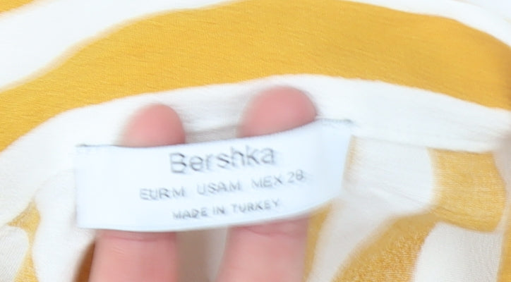 Bershka Women Yellow Striped Short Sleeve Button-Up Shirt M