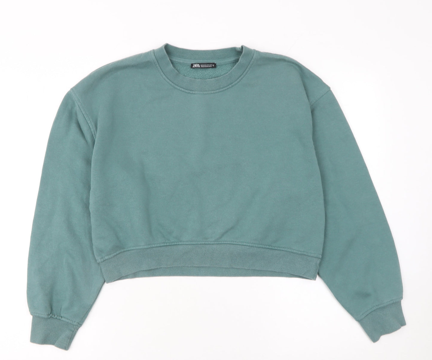 Zara Women Green Crew Neck Cropped Sweatshirt Size 12